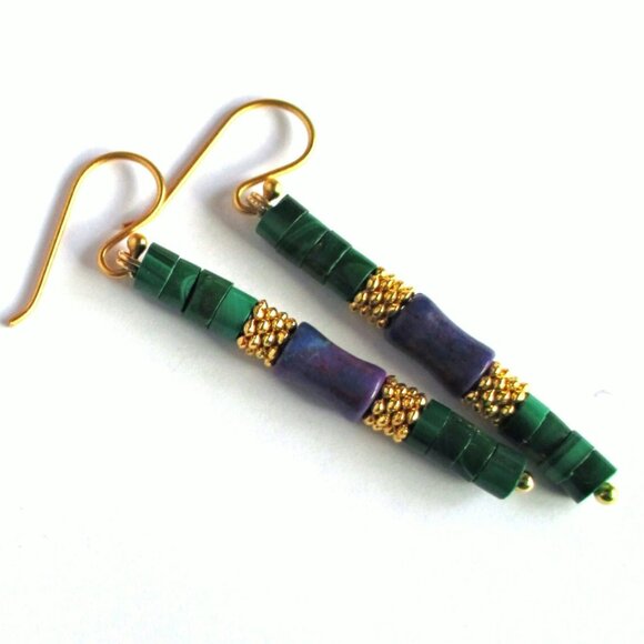 Natural Malachite Kingman Purple Turquoise Earrings Gold Vermeil Sterling Silver - Picture 4 of 6